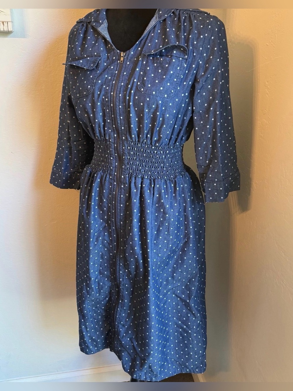 Women’s Blue Polka Dot Zip-Front Women's Dress (Size M)
